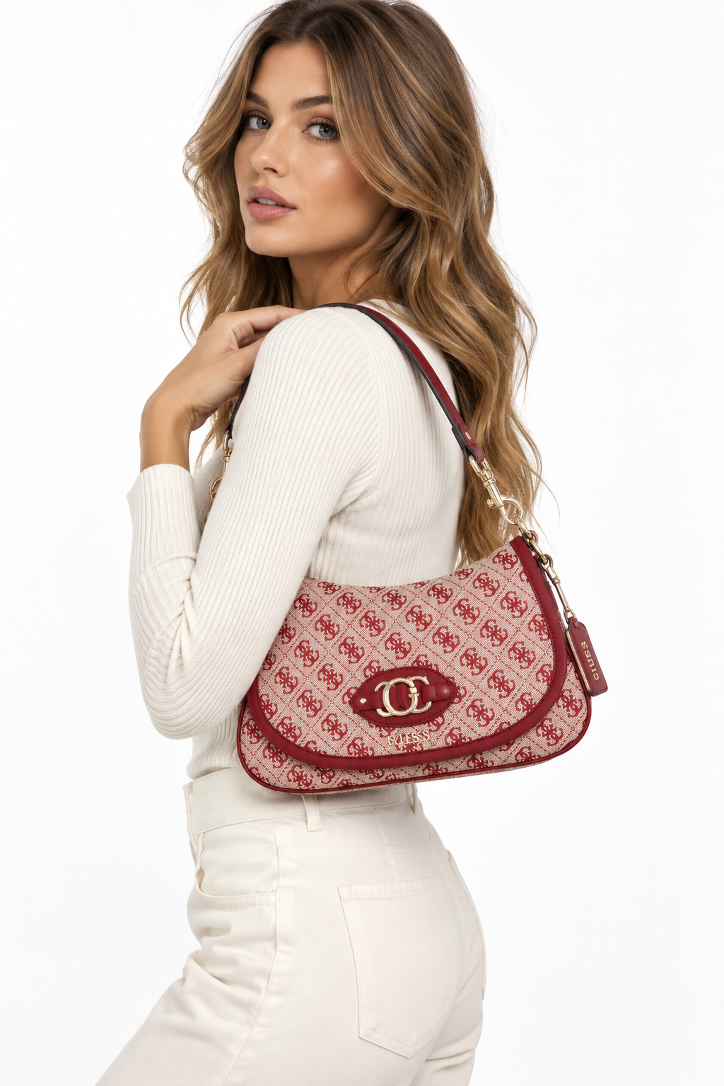 Borsa GUESS in tessuto 4G donna beige e bordò