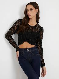 TOP GUESS in Pizzo Nero con Micro Paillettes