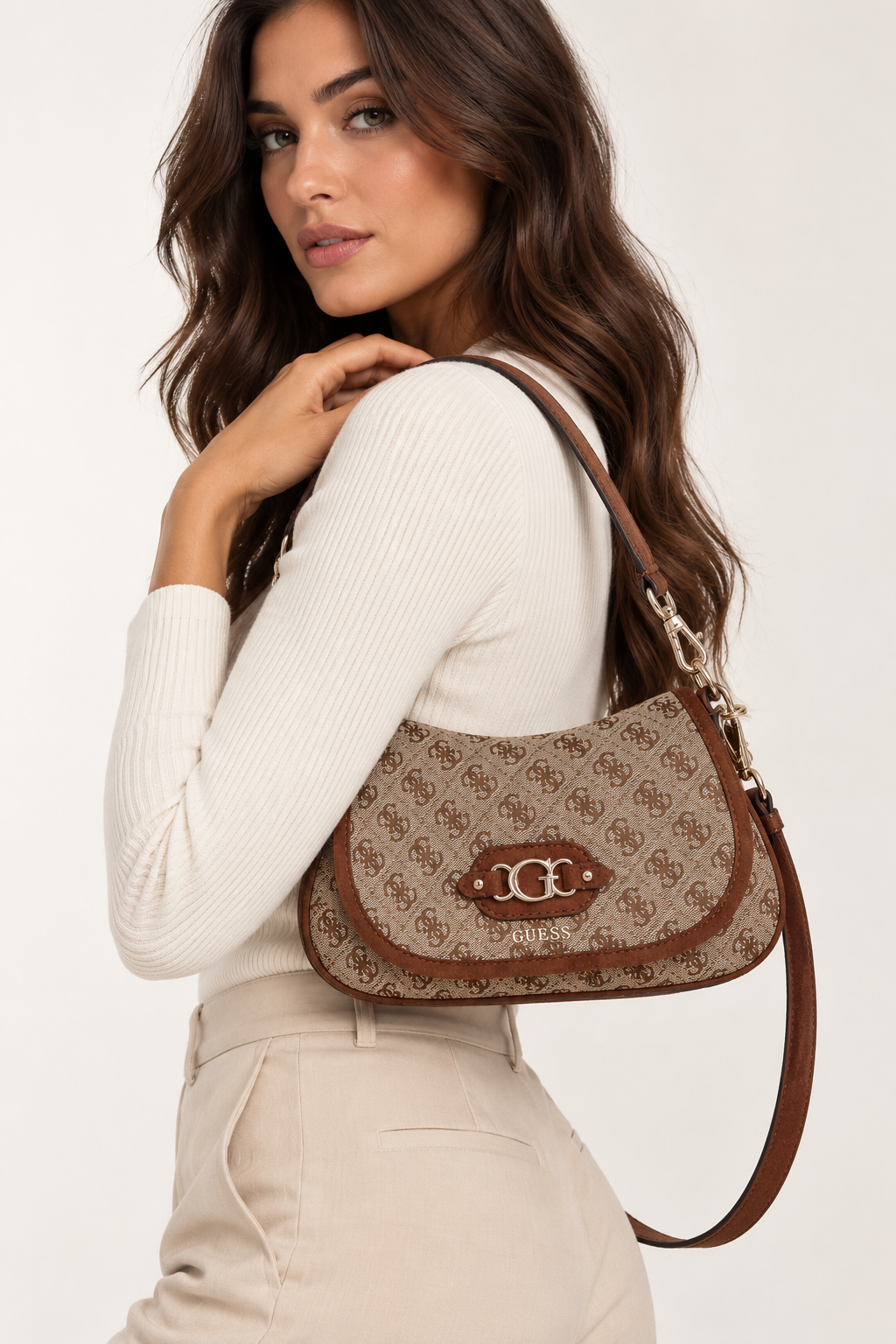 Borsa GUESS in tessuto 4G donna beige e bordò