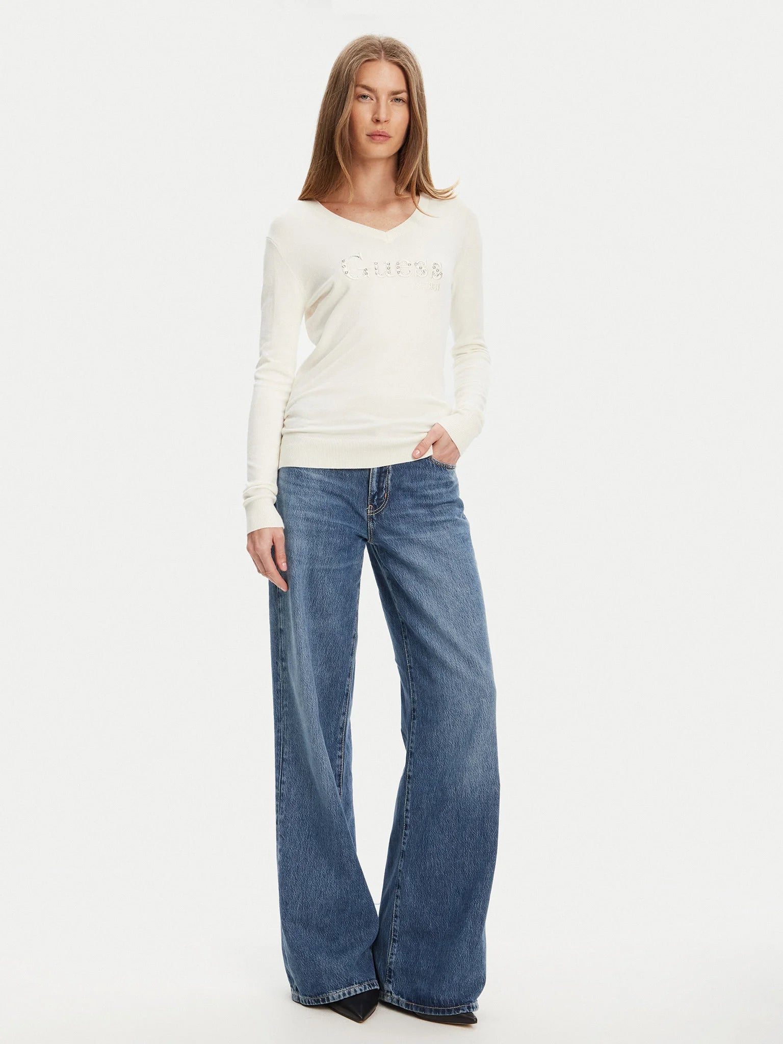 MAGLIA GUESS BIANCO SCOLLO A V