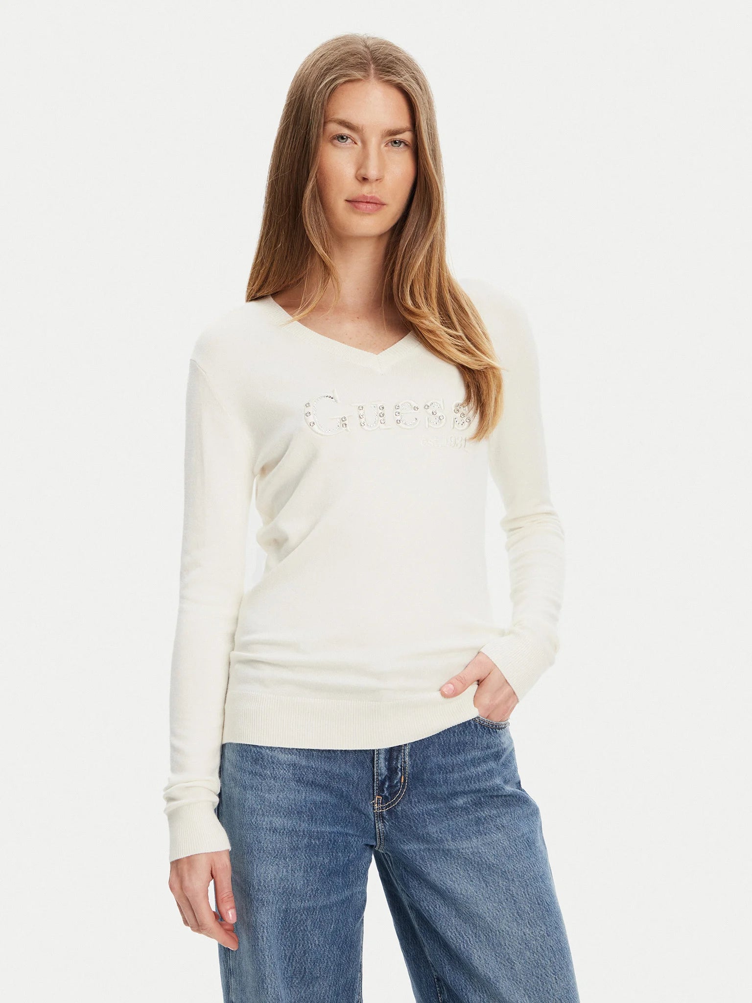 MAGLIA GUESS BIANCO SCOLLO A V